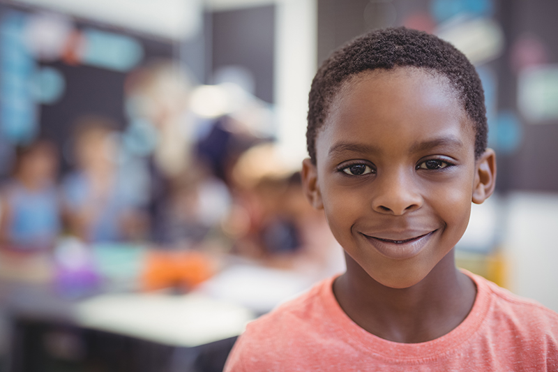 Portrait of cute schoolboy in classroom at school